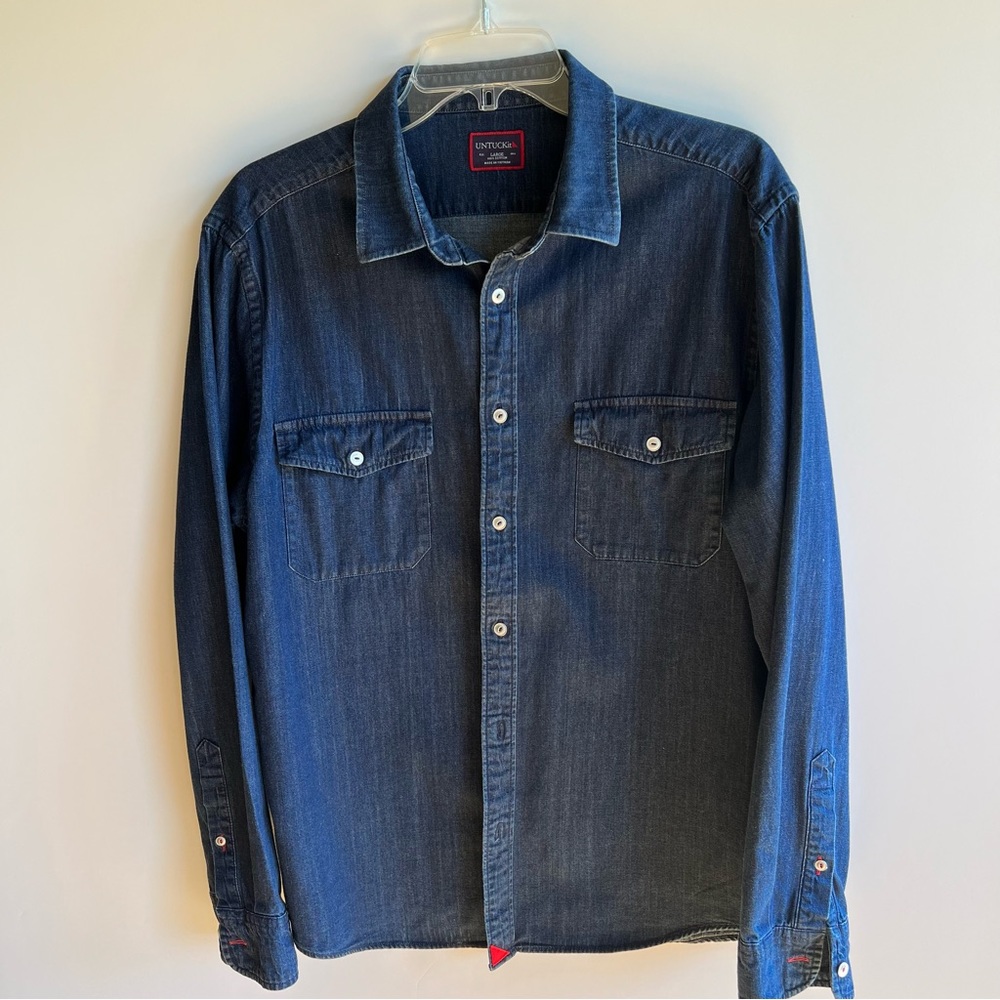 UNTUCKit Mens Shirt Dark Wash Denim Blue Epluchage Long Sleeve Button Up Large